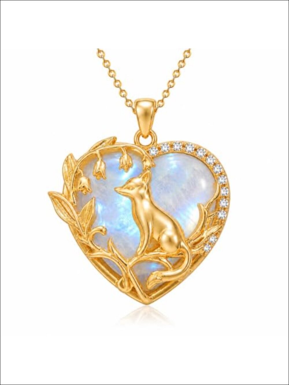 14K Gold Plated Fox Moonstone Pendant Necklace 19mm Adjustable Chain